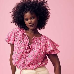 LANE BRYANT Pink Floral Ruffle Short Sleeve Blouse SZ 14